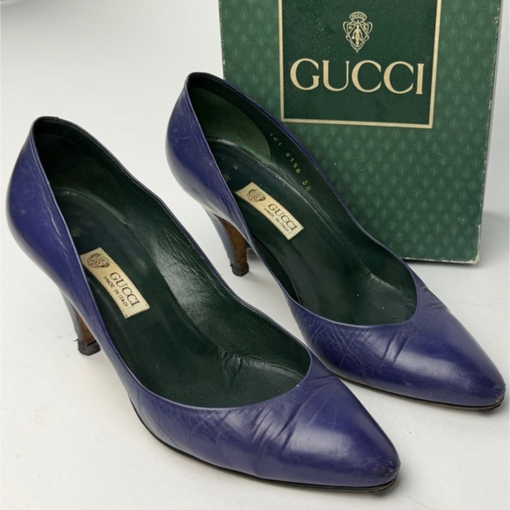 Gucci Viola Purple Leather Pointed Toe Heels Sz 38 Designer Made in Italy w/ Box